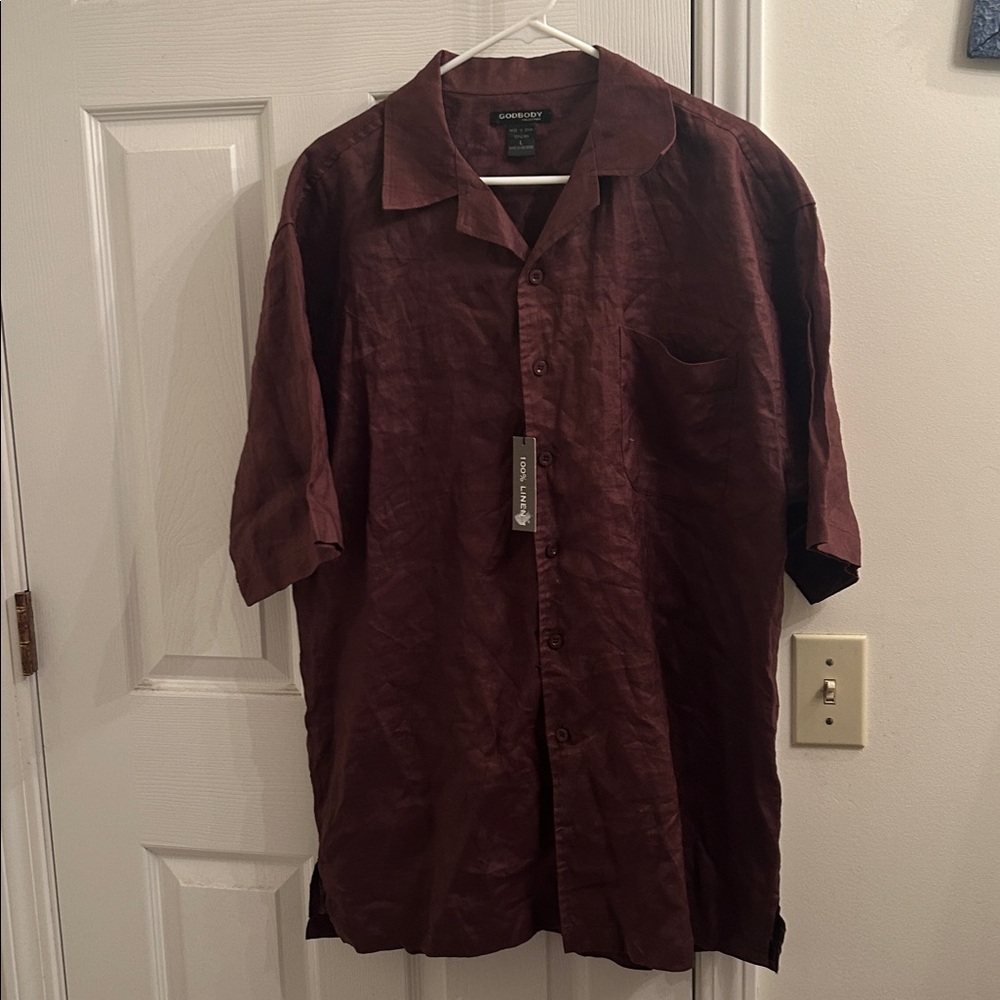 NWT Godbody Collection Men’s Brown-Burgundy Button-Up LINEN Shirt Sz Large